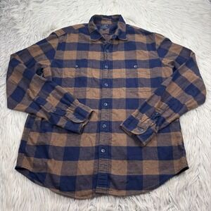 J.Crew Men's L Navy brown Plaid Flannel Button Front Shirt Cabincore Preppy